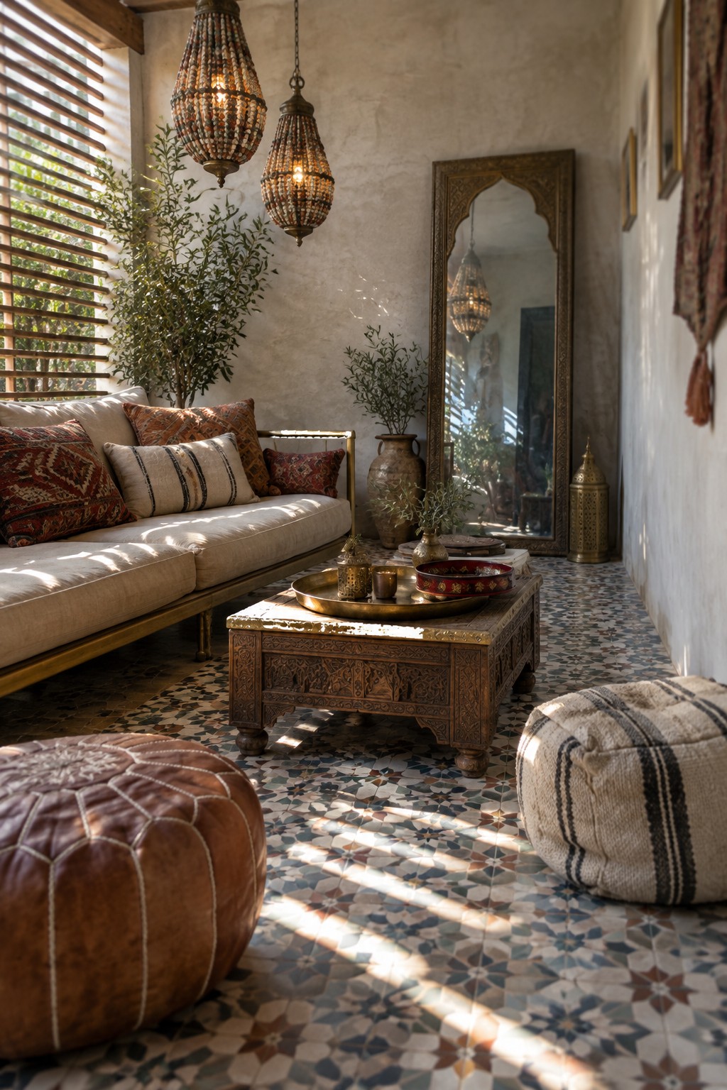 Sunlit bohemian lounge with white sofa, carved table, leather pouf, and mosaic tiles.