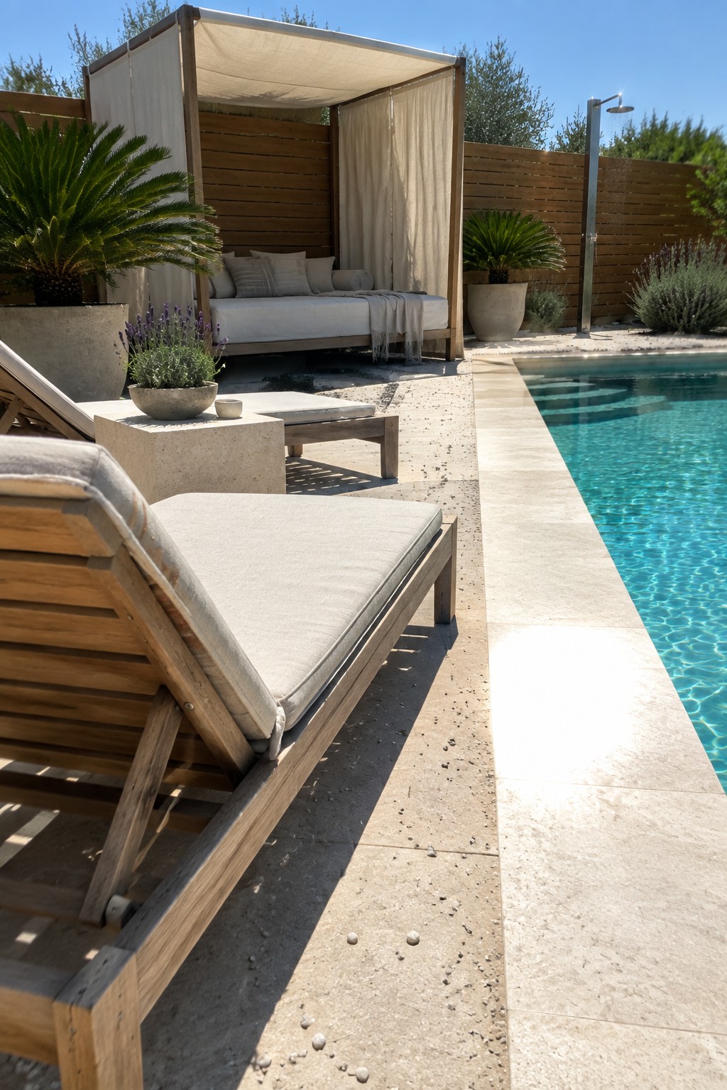 A poolside patio with a wooden canopy daybed, lounge chairs, potted plants, and an outdoor shower beside a swimming pool.
