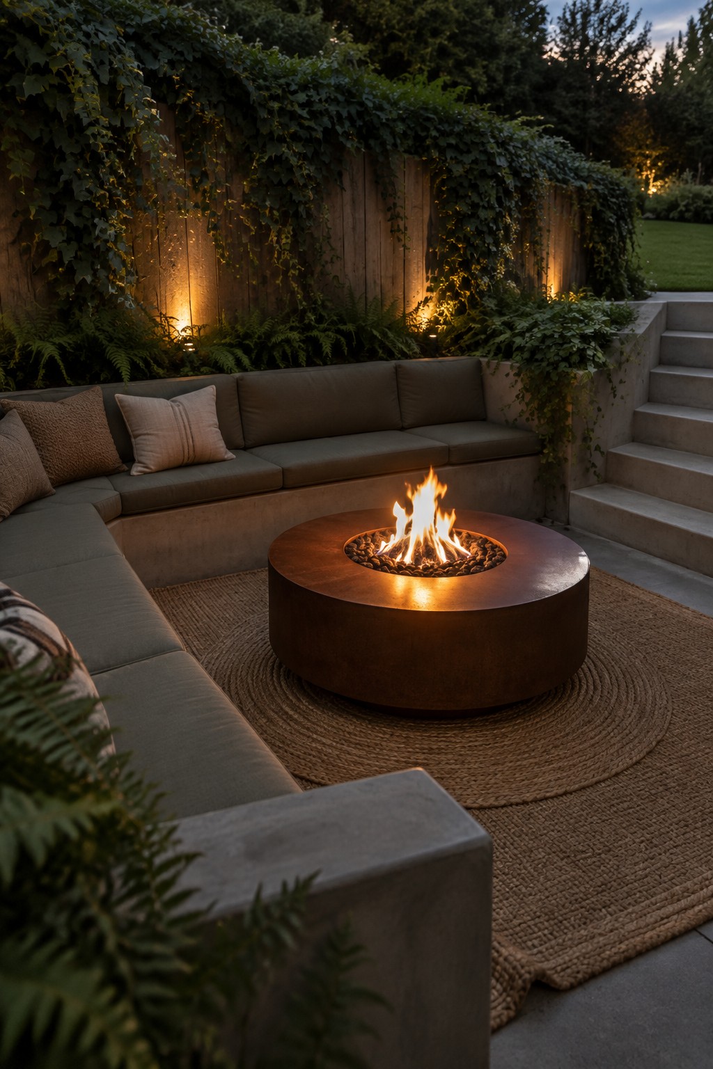 A round copper fire pit with active flames sits centered on a large woven rug, surrounded by a curved gray sectional sofa against a vine-covered wooden wall at dusk.