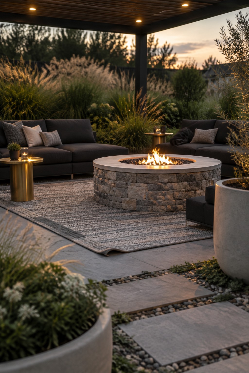 A round stone fire pit with active flames sits centered on a large gray rug between two dark outdoor sofas under a covered patio at dusk.