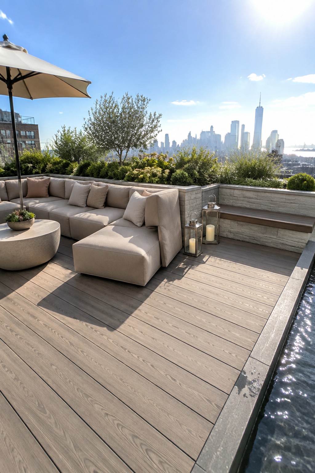 A rooftop patio with a large beige sectional sofa, round coffee table, lanterns, and built-in bench on a wooden deck overlooking a city skyline.