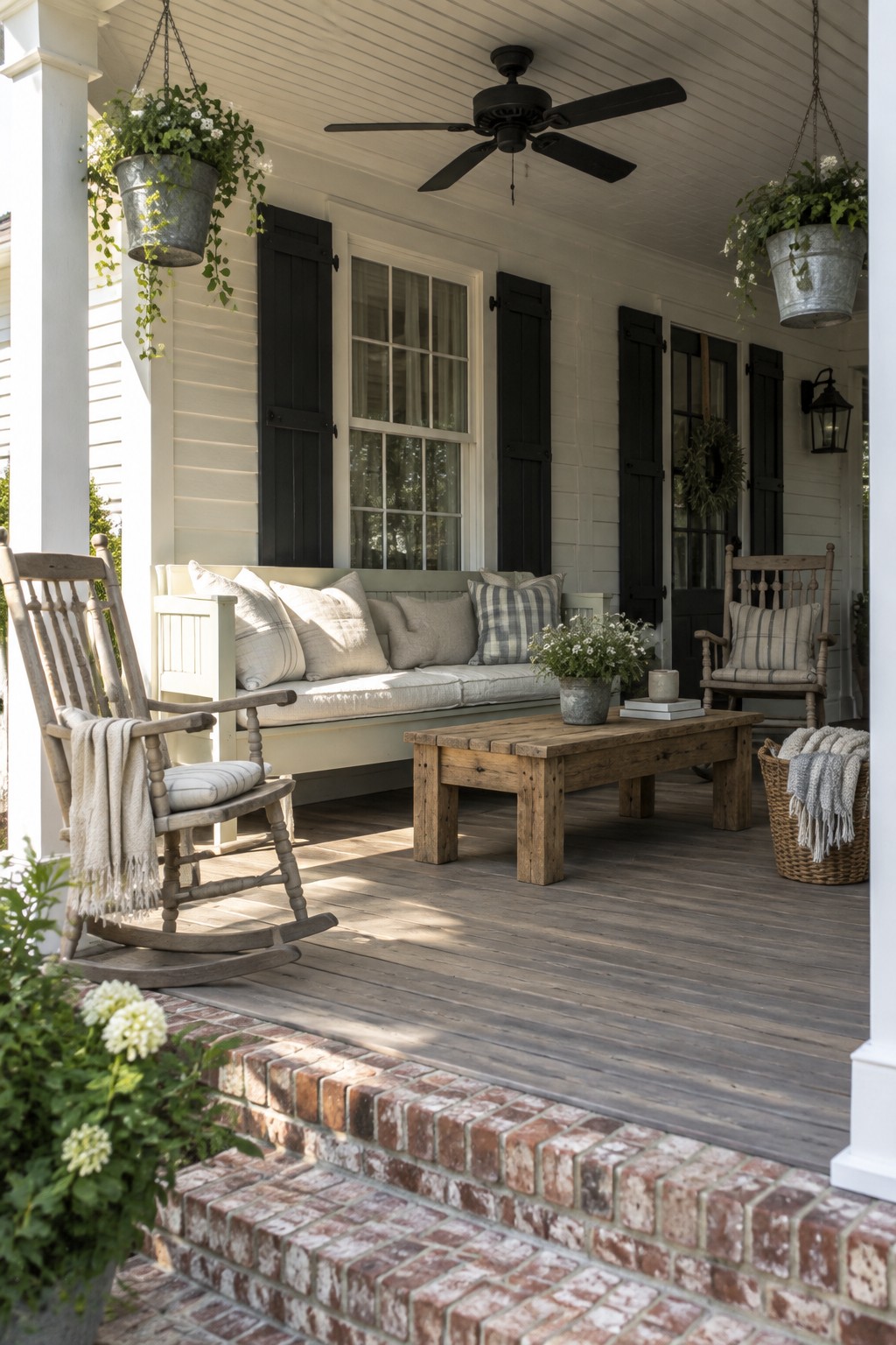 A wooden front porch with a cushioned built-in bench, two rocking chairs, a rustic coffee table, and hanging metal planters.