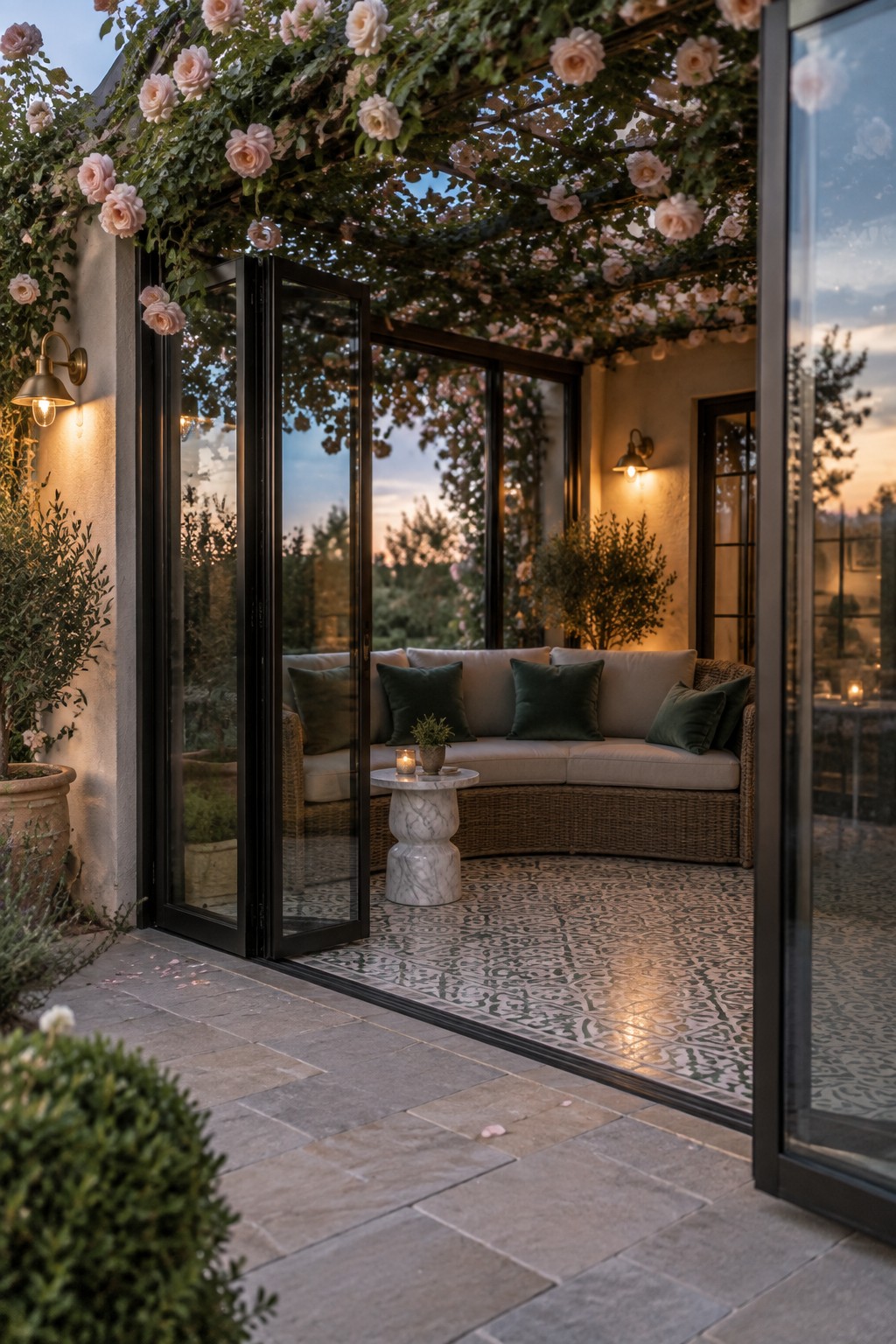 An outdoor patio with a curved wicker sofa, green pillows, a marble side table, and a rose-covered pergola above patterned tile flooring, viewed through open black-framed doors at dusk.