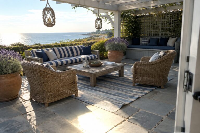22 Elegant Patio Furniture Decorating Ideas for Comfortable Outdoor Seating An outdoor patio with wicker seating, blue and white striped cushions, a wooden coffee table, and a large striped rug laid over stone pavers beneath a white pergola.