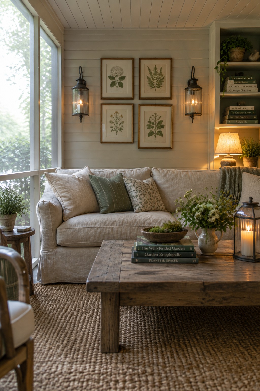 Cozy sunroom with beige sofa, rustic coffee table, botanical prints, and lanterns