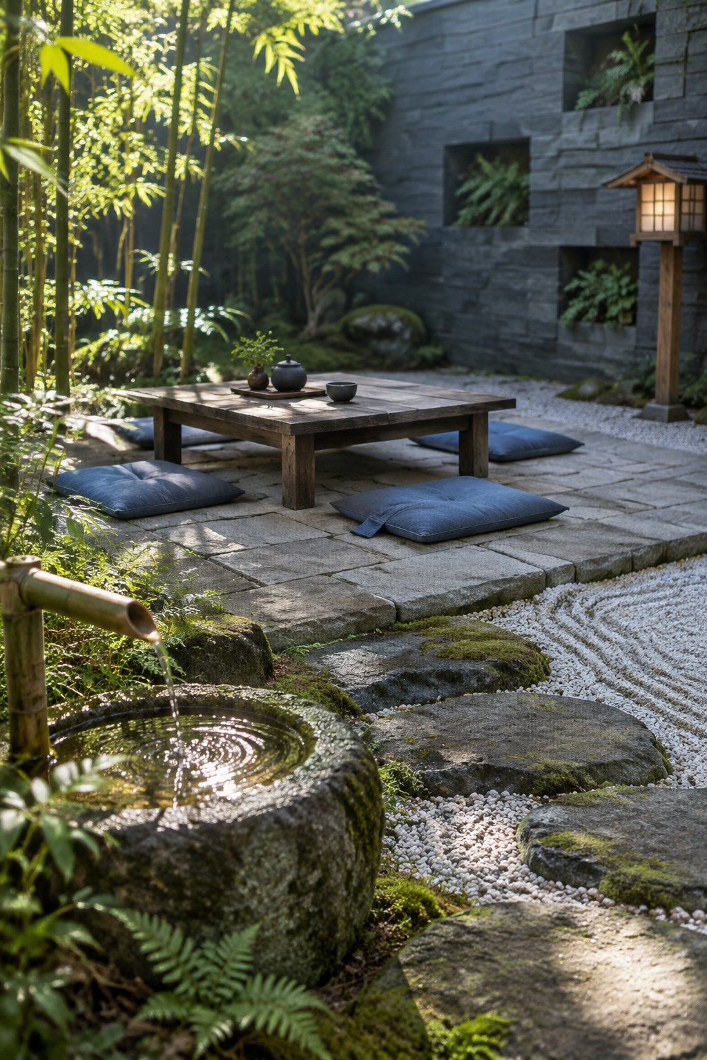 A low wooden table sits on a stone patio surrounded by blue floor cushions, with a bamboo water feature, raked gravel, and mossy stepping stones nearby.