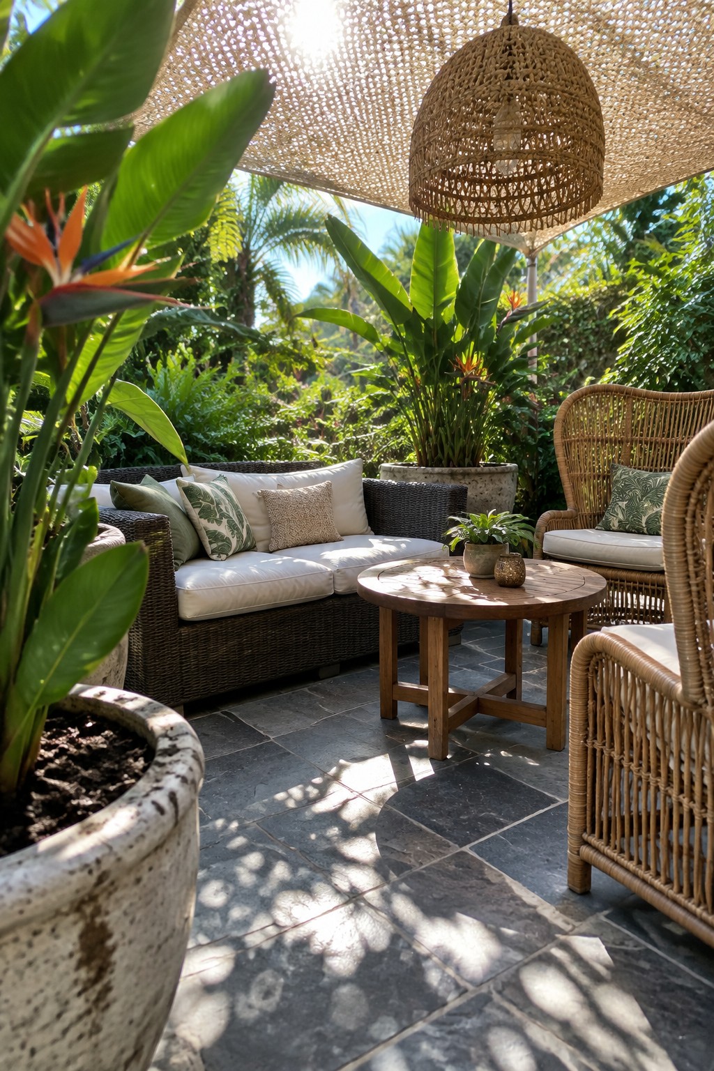 Outdoor patio with a dark wicker sofa, two light rattan armchairs, a round wooden coffee table, and a large woven hanging shade canopy over gray stone tiles with tropical plants in the background.