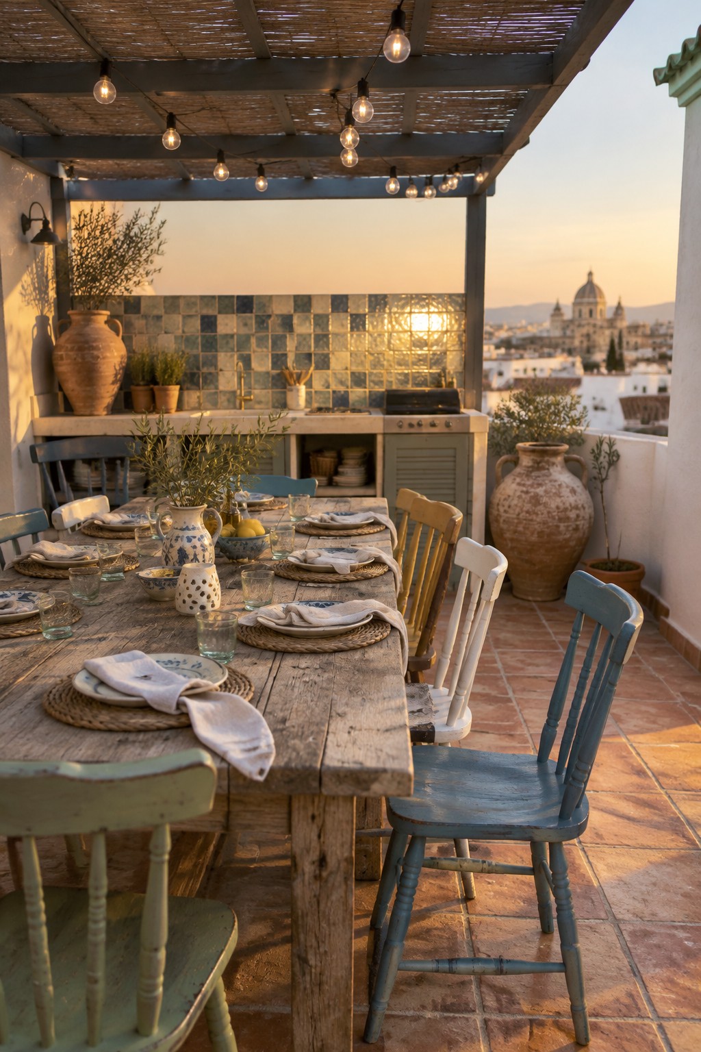 A long rustic wooden dining table set with plates and glassware, surrounded by mismatched painted wooden chairs in blue, green, white, and yellow tones, on a tiled outdoor patio with string lights overhead.
