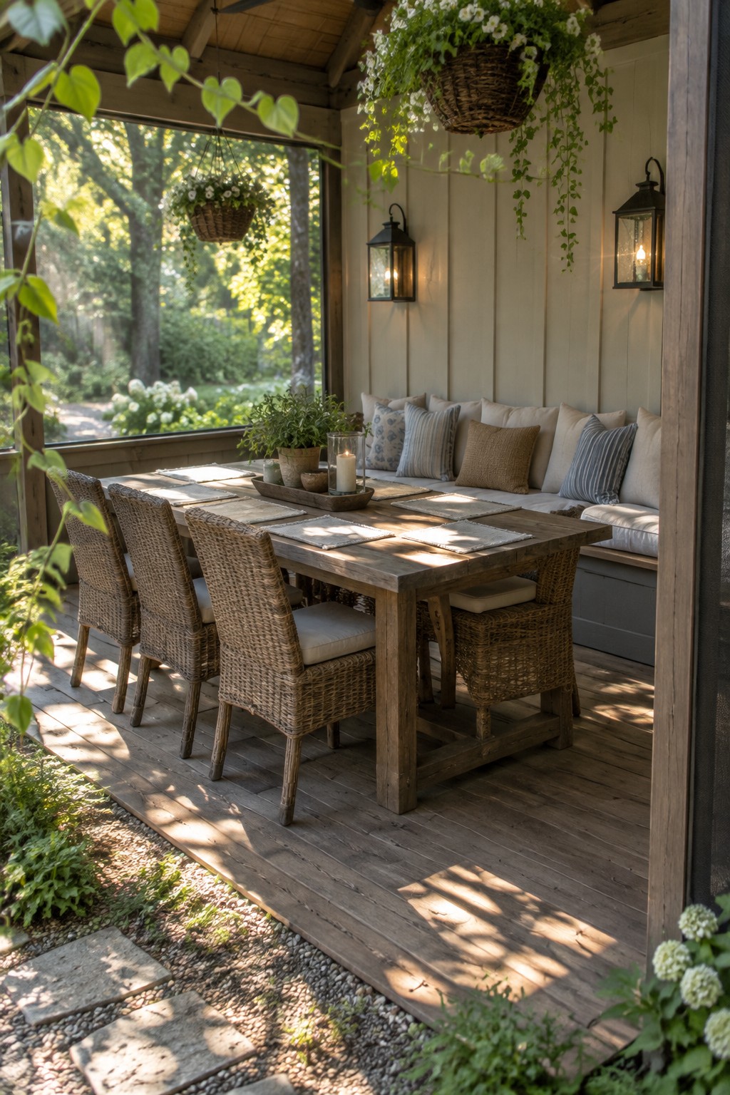 Rustic wooden table with wicker chairs on sunlit porch amid hanging plants and cushions