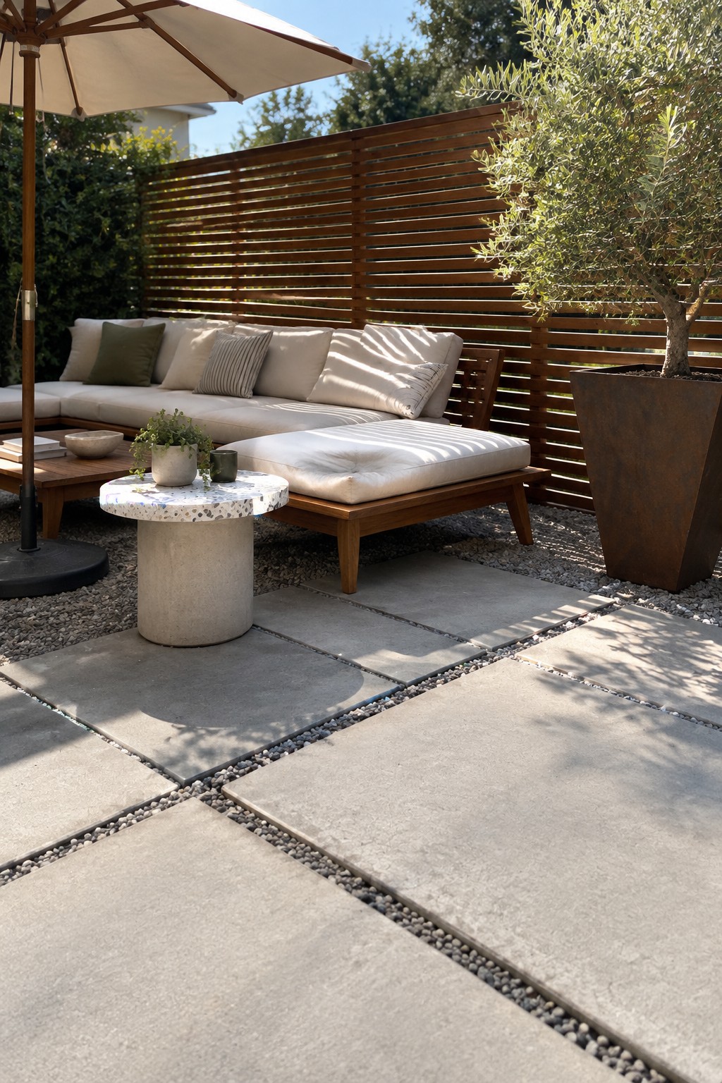 An outdoor patio with a wooden sectional sofa and chaise on large gray pavers separated by gravel, a round concrete side table, white umbrella, wooden slatted screen, and large potted tree.