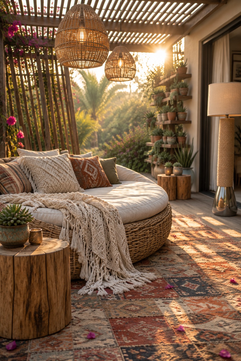 A round wicker daybed with white cushions, pillows, and a macrame throw sits on a patterned rug beneath woven pendant lights on a wooden patio surrounded by potted plants.