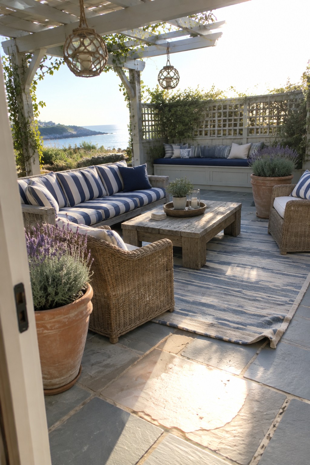 An outdoor patio with wicker seating, blue and white striped cushions, a wooden coffee table, and a large striped rug laid over stone pavers beneath a white pergola.