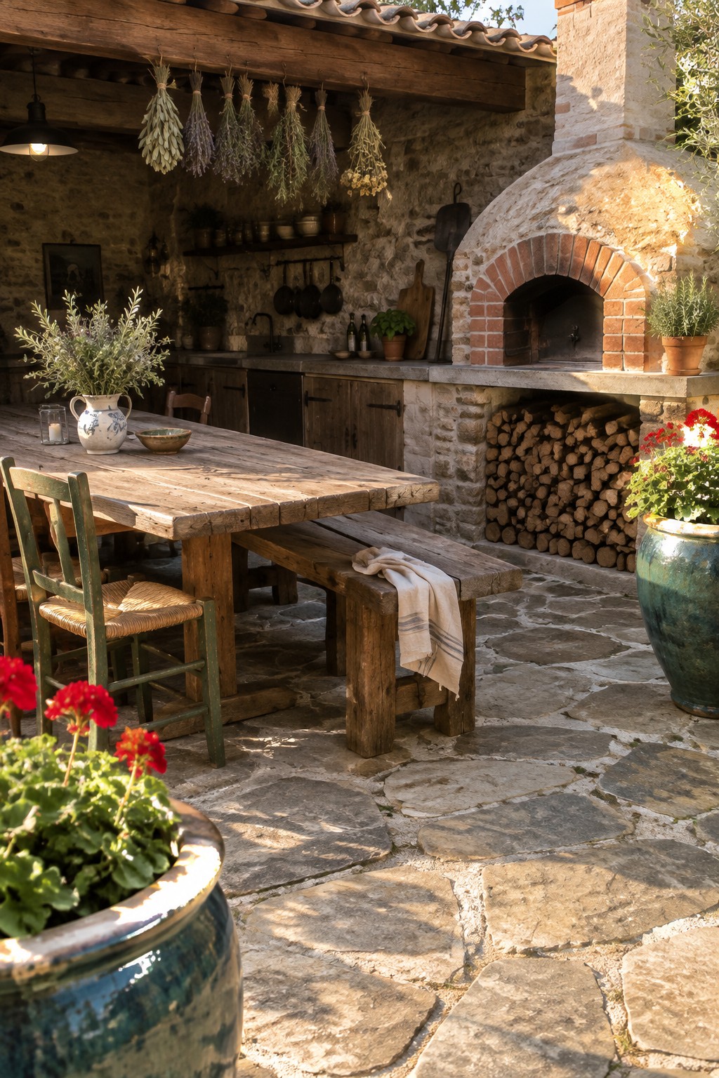 A rustic outdoor patio featuring a long wooden dining table with a bench and chairs on stone pavers beside a large stone fireplace and potted plants.