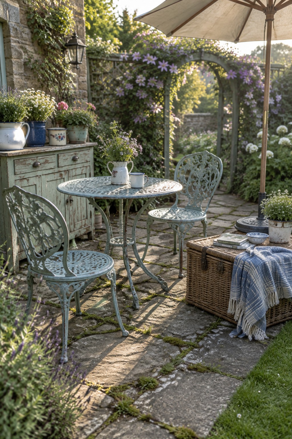 A round light blue metal bistro table with two ornate matching chairs sits on a mossy stone patio beside a wicker trunk used as a side table, with an umbrella and potted plants around it.