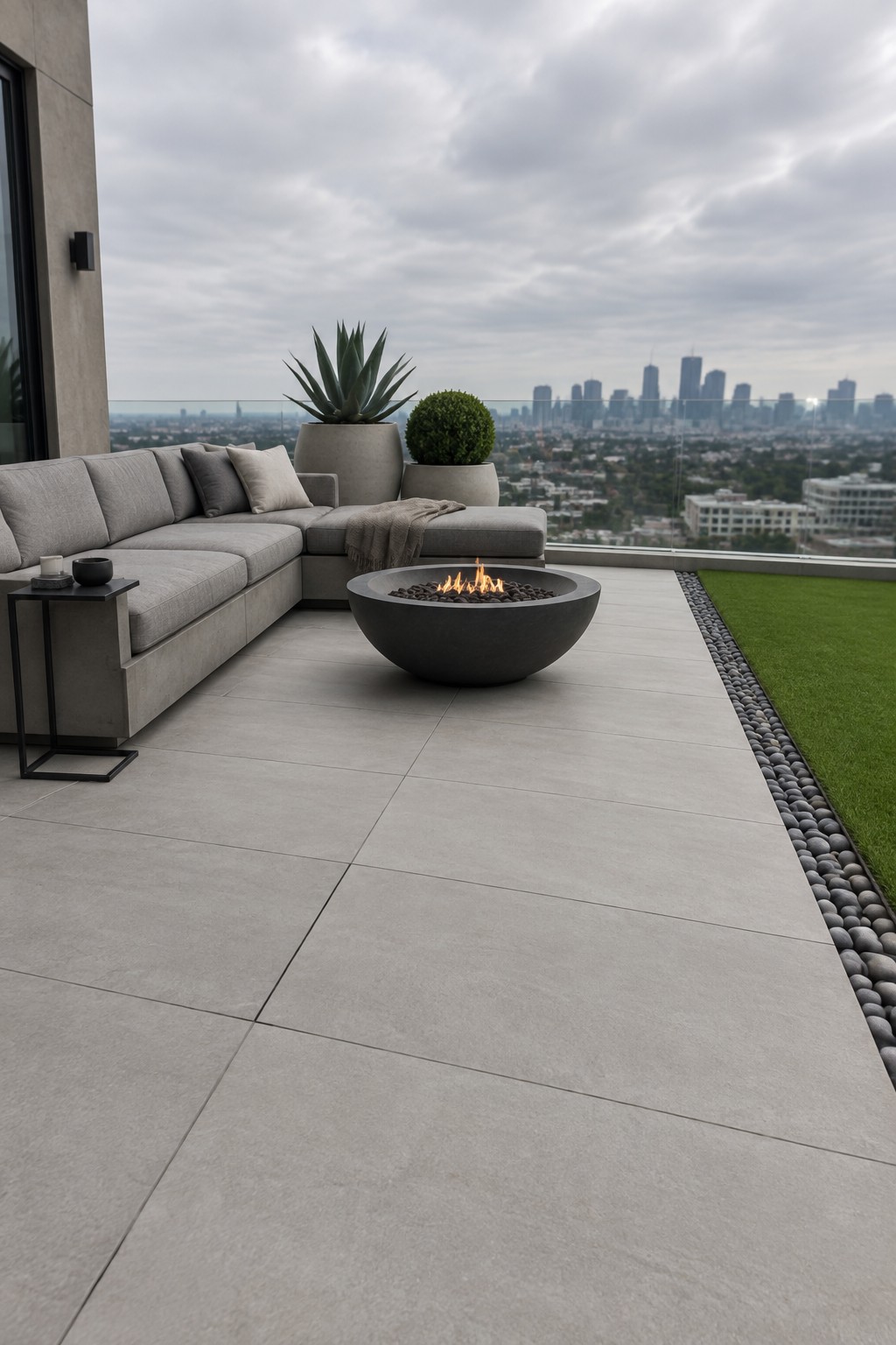 A modern rooftop patio with a gray sectional sofa and round dark fire pit overlooking a city skyline.