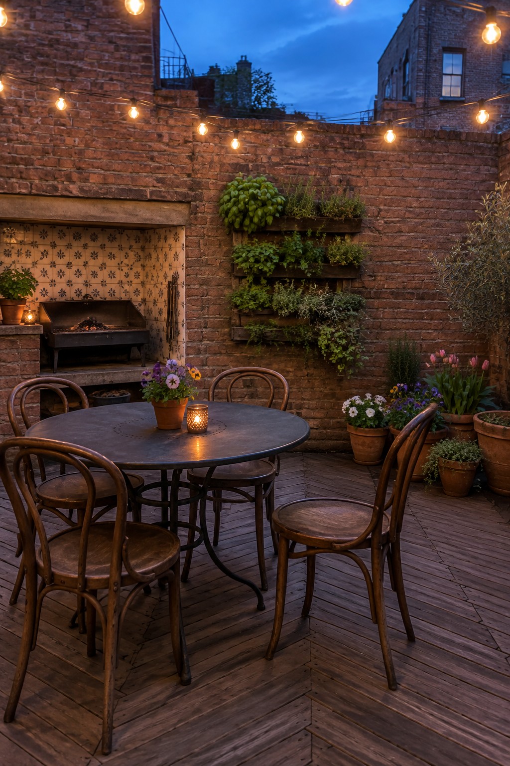 Brick patio at dusk with round table, chairs, string lights, herbs and flowers