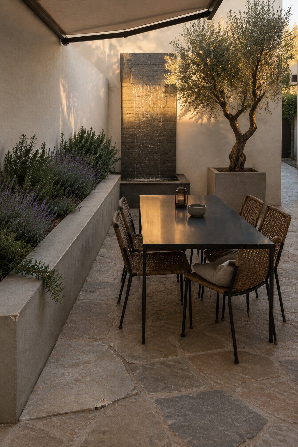 Stone patio with black dining table, woven chairs, waterfall wall, olive tree, and lavender.