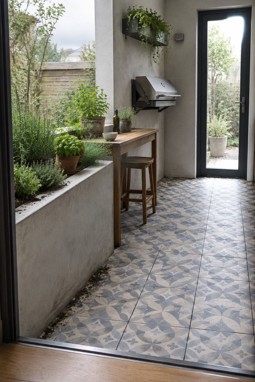 A patio with geometric tiles, a wooden table and stool against a concrete wall, a wall-mounted grill above, and a raised concrete planter ledge holding several potted herbs and plants beside a glass door.