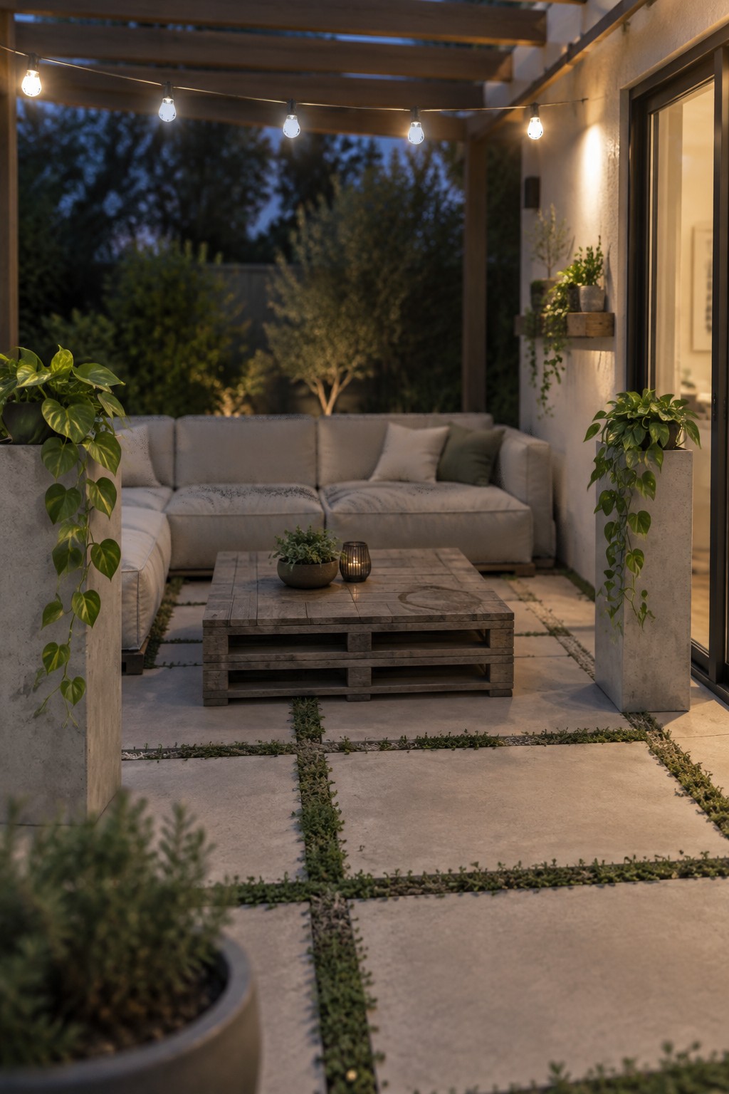 An outdoor patio with a light gray sectional sofa, wooden pallet coffee table, string lights, and two tall concrete planters holding trailing green plants on a stone paver surface.
