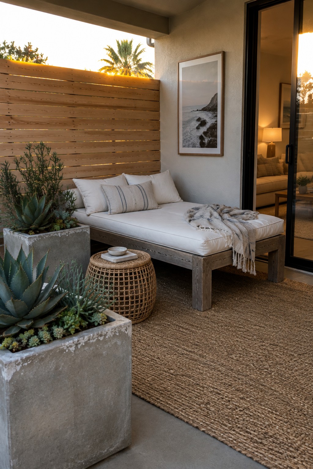A modern patio with a wooden daybed, white cushions, two large concrete planters holding succulents, a woven rug, and a wooden slat screen in the background.
