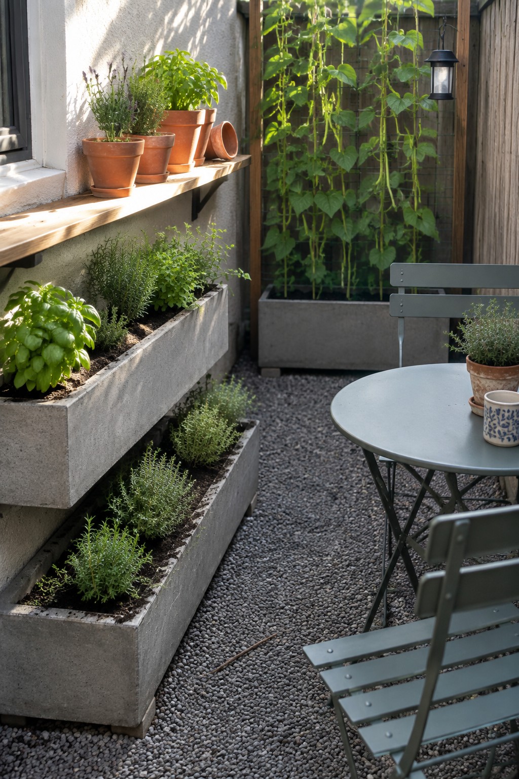 Concrete planters with herbs, terracotta pots, round table and chairs on gravel patio.