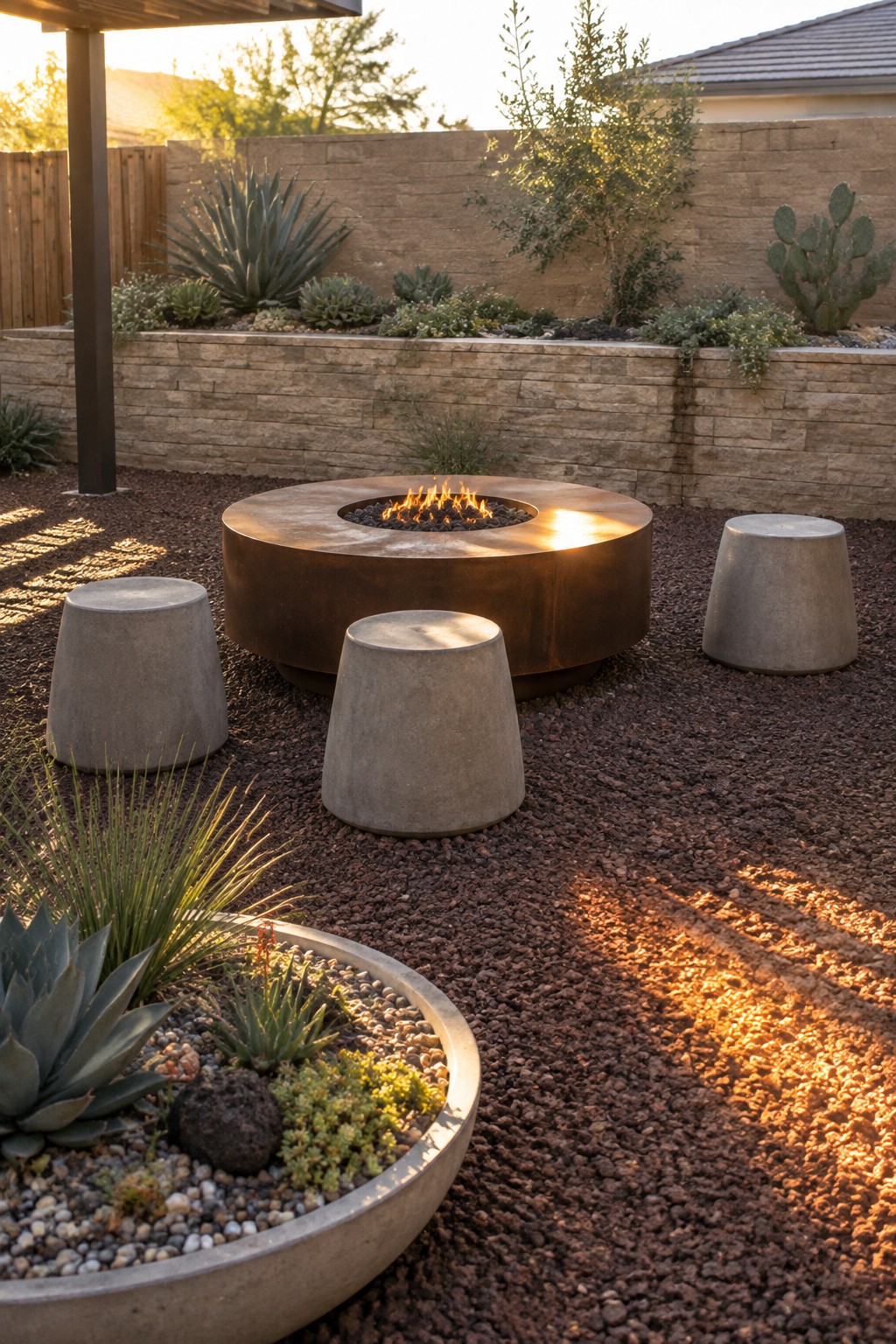 A round metal fire pit sits on gravel with three concrete stools nearby, a large concrete planter holding succulents in the foreground, and a stone retaining wall with desert plants behind.