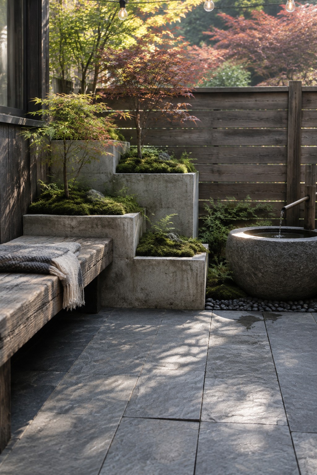 Outdoor patio with tiered concrete planters holding moss and small trees, a wooden bench with a throw, and a stone water basin beside a wooden fence.