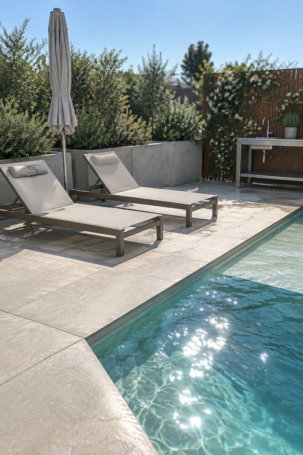 Two lounge chairs sit on a stone patio next to a pool, with large concrete planters holding green shrubs behind them and a stainless steel sink station to the right.