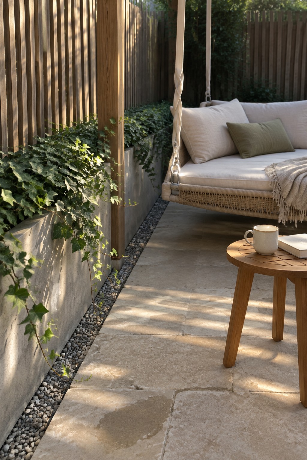 Stone patio with hanging swing, wooden side table, and concrete planters with ivy along a wooden fence.