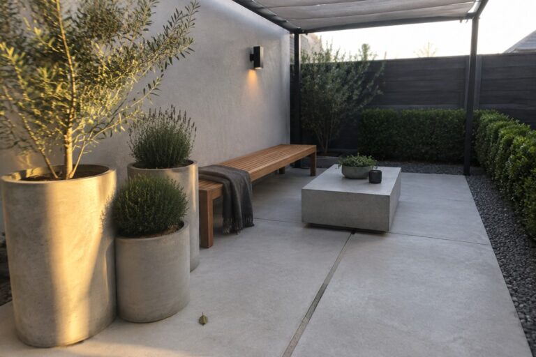 21 Modern Minimalist Patio Ideas on a Budget Using Simple Concrete Planters A minimalist outdoor patio with several gray concrete planters of varying sizes holding trees and shrubs, a wooden bench with a gray throw, a low concrete table, and a white fabric shade overhead.
