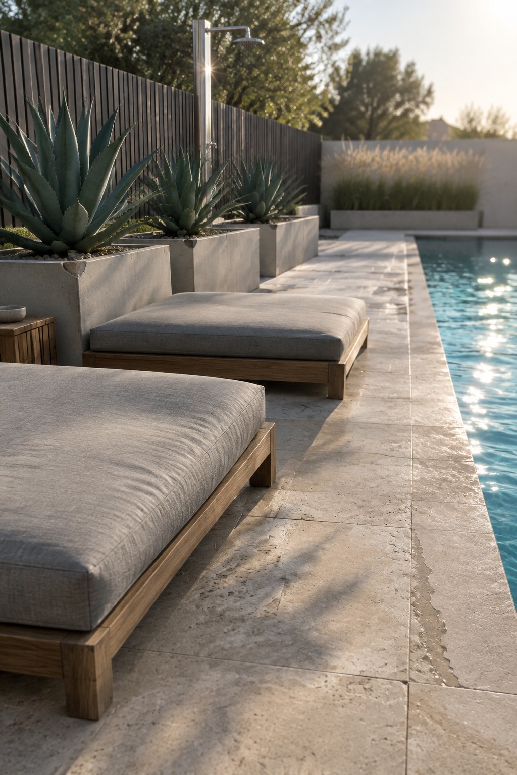 A modern poolside patio with gray upholstered lounge chairs on stone tiles, large rectangular concrete planters holding agave plants, a wooden fence, and an outdoor shower.
