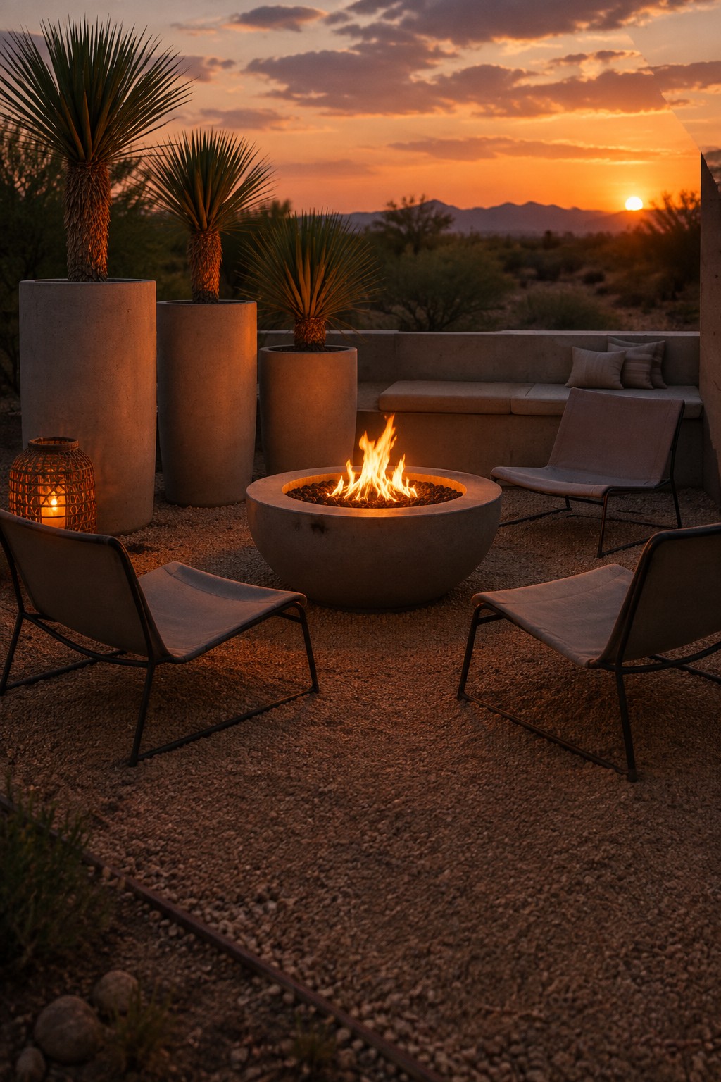 A desert patio at sunset with a round concrete fire pit, several large cylindrical concrete planters holding yucca plants, and low modern lounge chairs arranged on gravel.