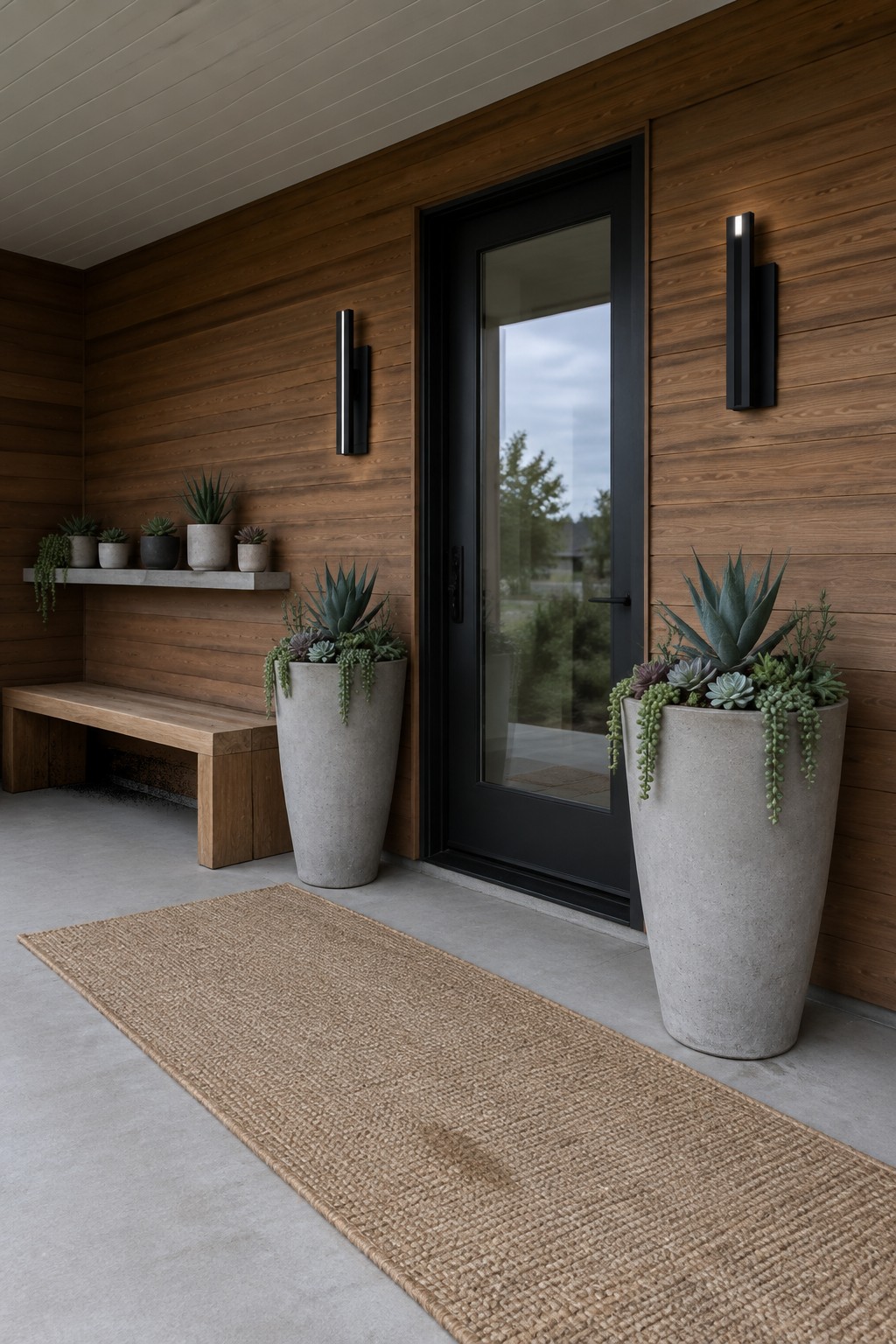 Modern wooden entry with black door, tall concrete planters, succulents, and jute rug