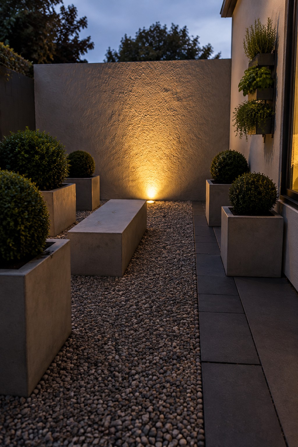 A narrow outdoor walkway bordered by gray concrete planters holding round shrubs, with a central gravel path and dark pavers along one side.