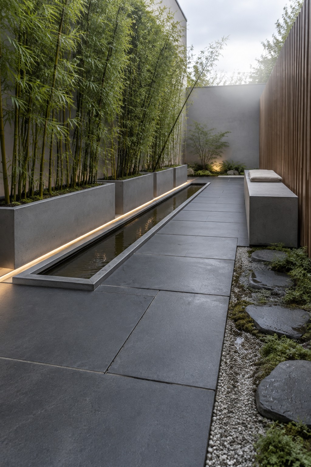 Modern zen courtyard with bamboo planters, illuminated water channel, stone path and concrete bench