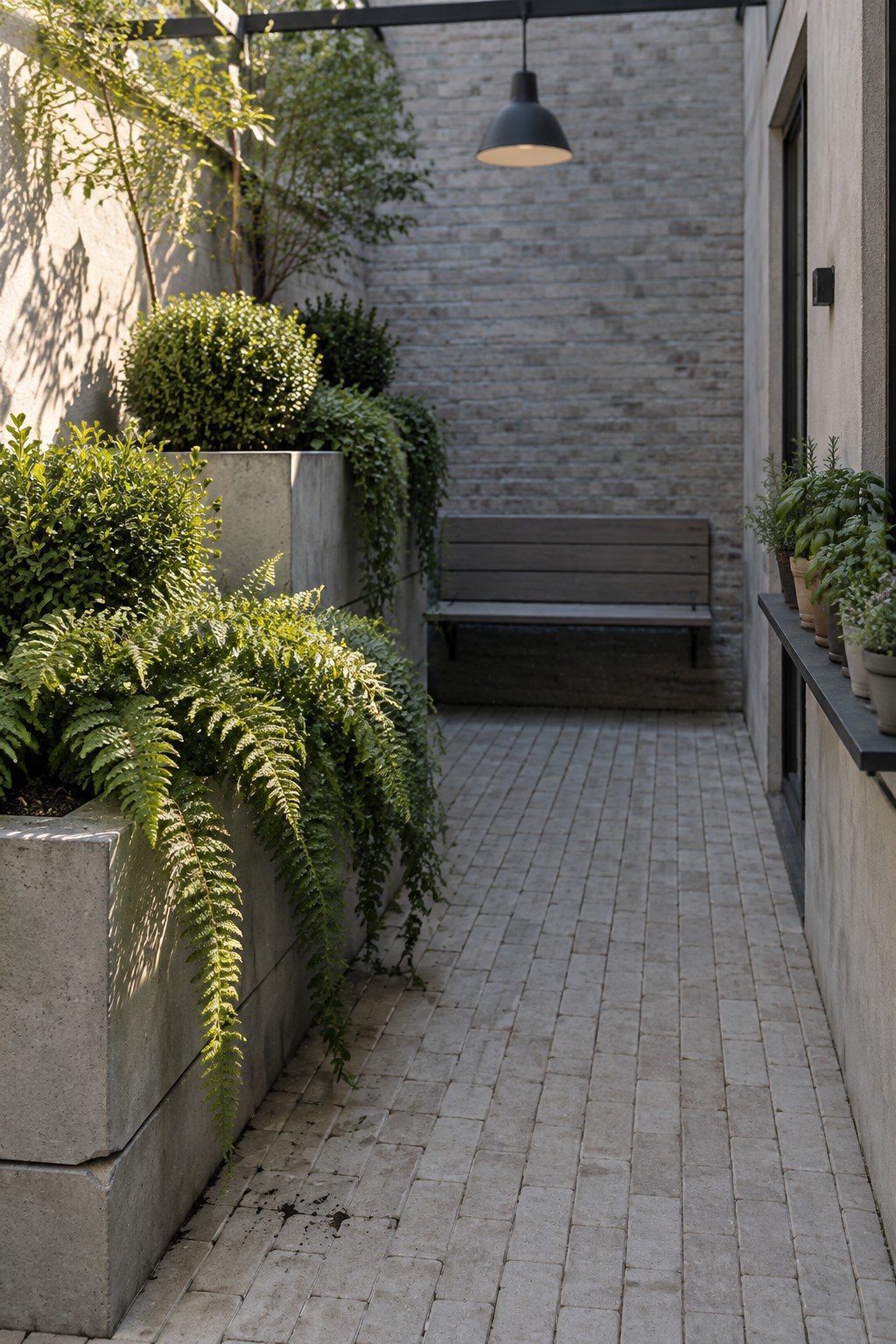 A narrow paved patio with concrete planters holding ferns and shrubs on the left, a wooden bench against a brick wall, potted plants on a right ledge, and a hanging pendant light overhead.