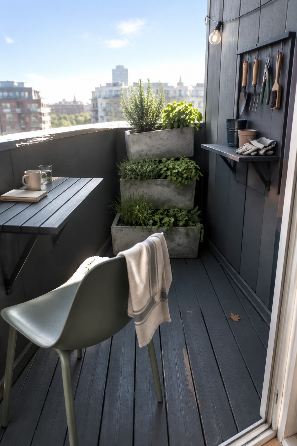Dark balcony with green chair, concrete herb planters, wall tools, and city view