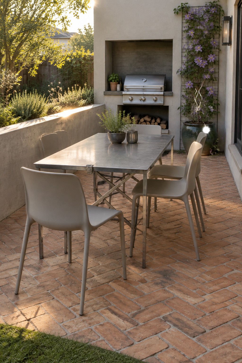 Modern patio dining set with metal table, gray chairs, grill, and purple flowers on brick.