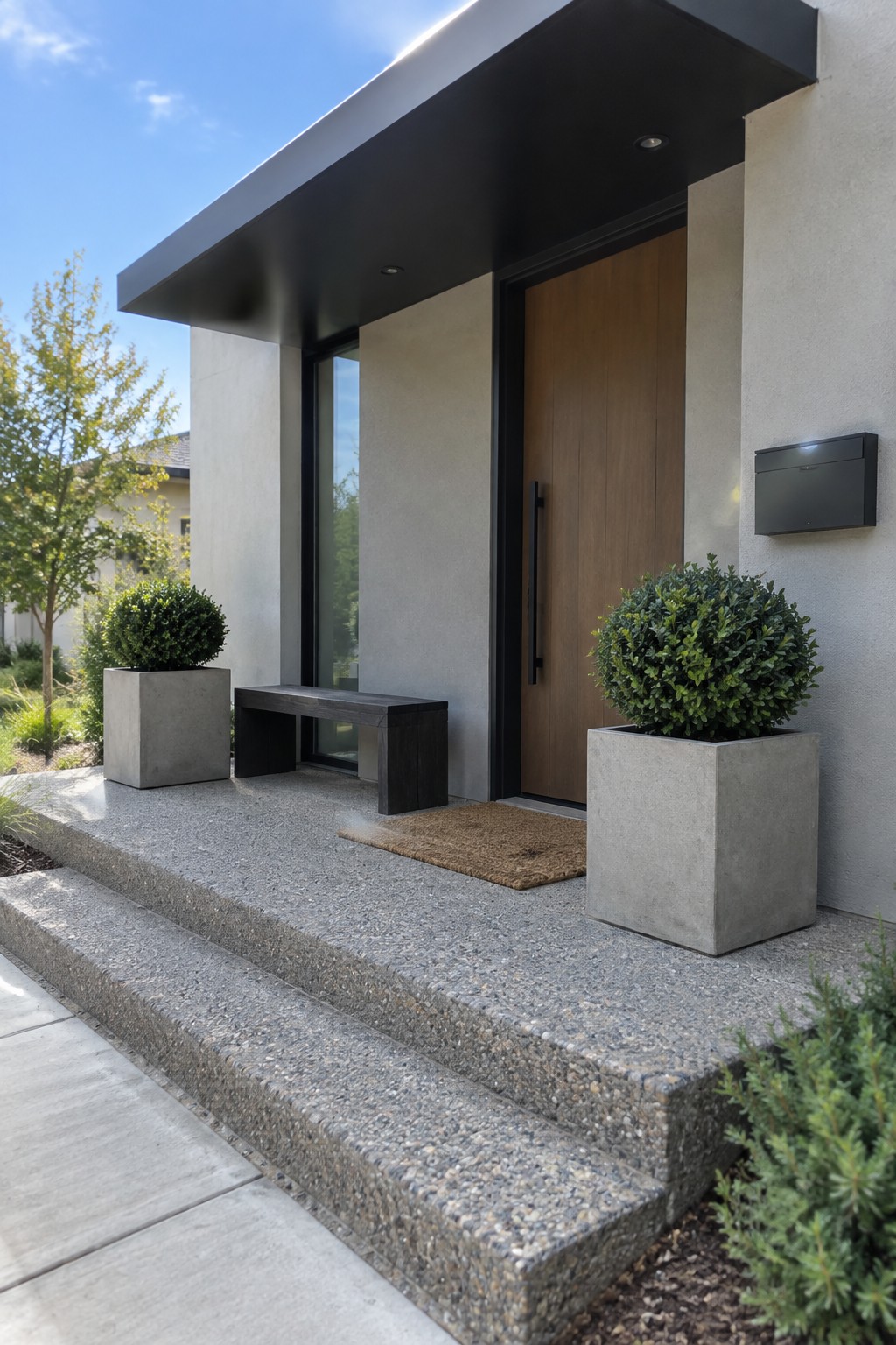 Modern house entry with a wooden door and black frame, flanked by two large square concrete planters holding round green shrubs on a speckled concrete porch with steps.
