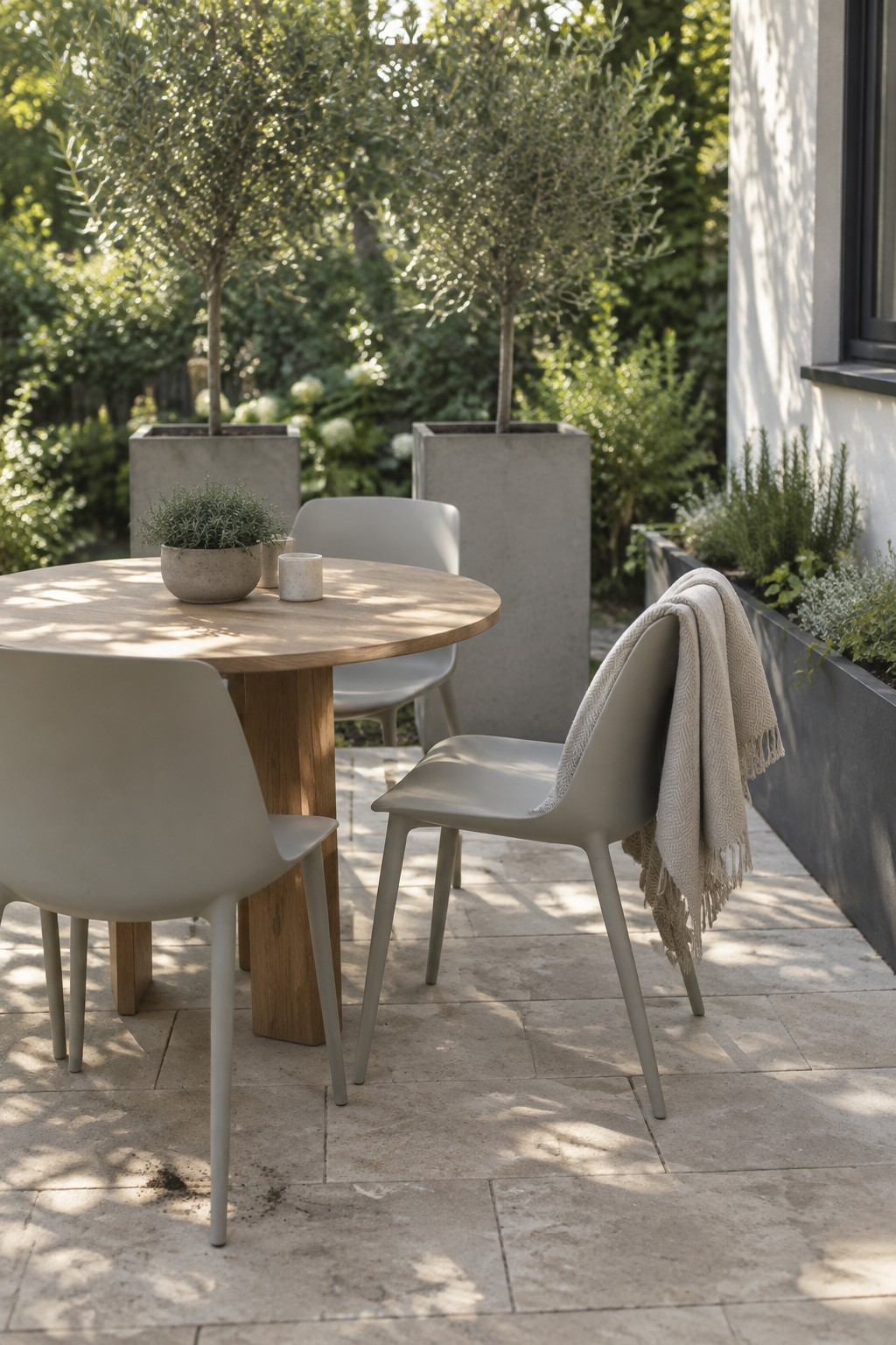 A round wooden patio table with four light gray chairs on stone tiles, two large concrete planters holding trees behind the table, and a woven throw on one chair.