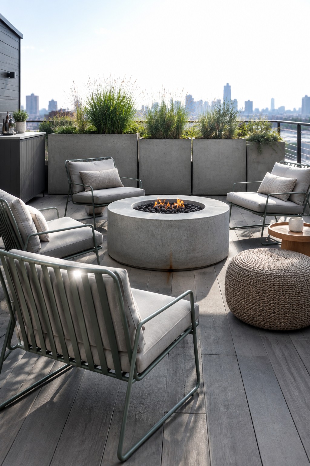 Modern rooftop patio with concrete fire pit, green lounge chairs, woven ottoman, and city skyline.