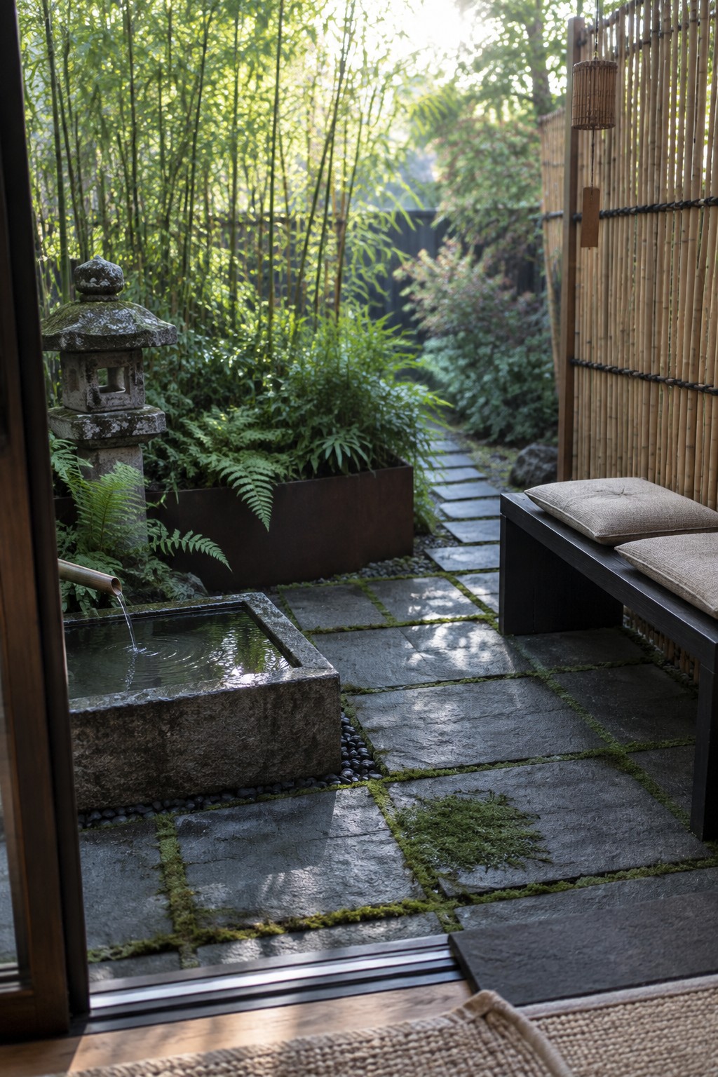 A small outdoor patio with a stone water basin, moss between gray pavers, a dark wooden bench with cushions, and a bamboo fence beside ferns and greenery.