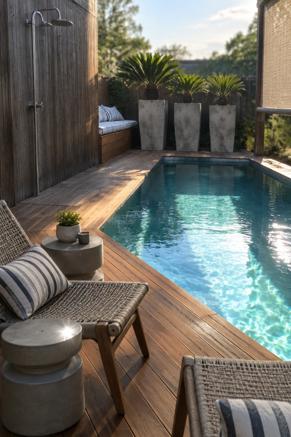 A modern outdoor patio with a rectangular pool, dark wood decking, a wall-mounted outdoor shower, woven lounge chairs with striped cushions, concrete side tables, and large potted palms along a wooden fence.