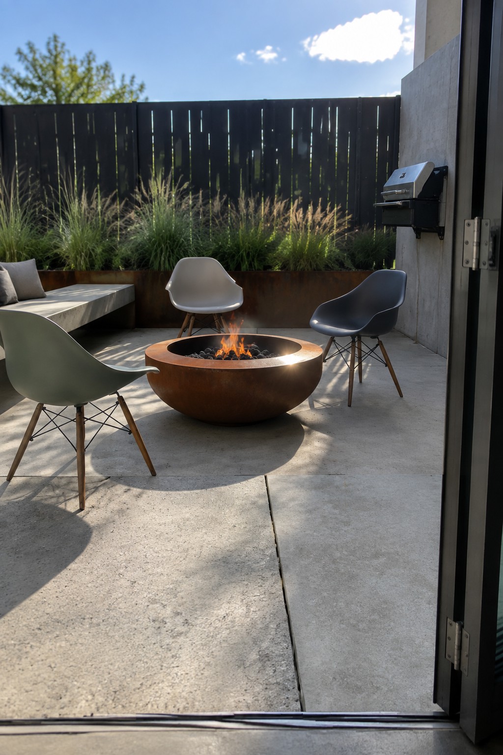 A small concrete patio with a large round copper fire pit at the center, surrounded by four modern chairs, a built-in bench on the left, and a wall-mounted grill on the right.