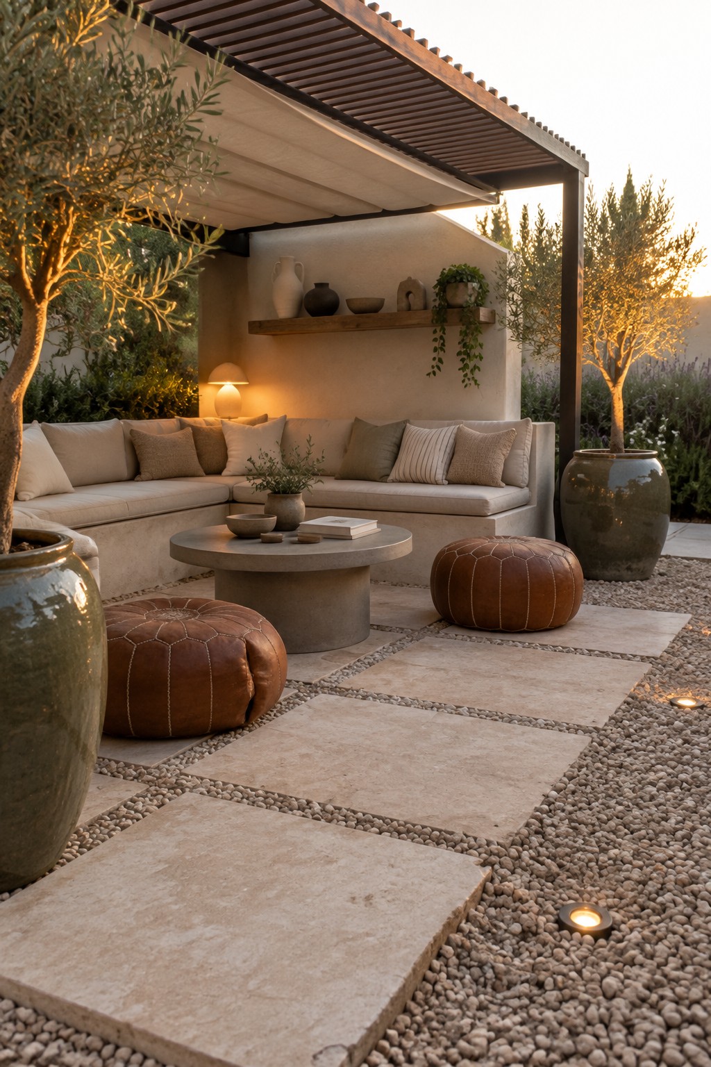An outdoor patio with an L-shaped built-in sofa, round concrete table, two brown leather poufs, stone pavers mixed with gravel, and a wooden overhead structure at sunset.