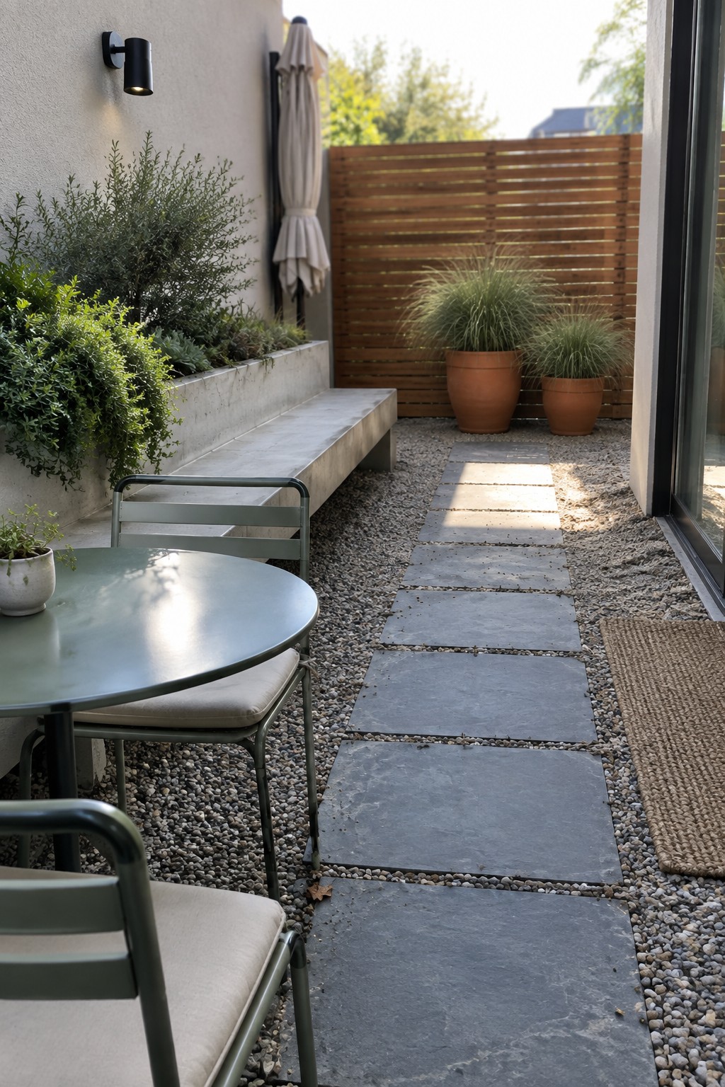 A small outdoor patio features a long concrete bench built against a raised planter, a round green table with two chairs on gravel, a path of dark stepping stones, two terracotta pots with grasses, and a wooden fence in the background.