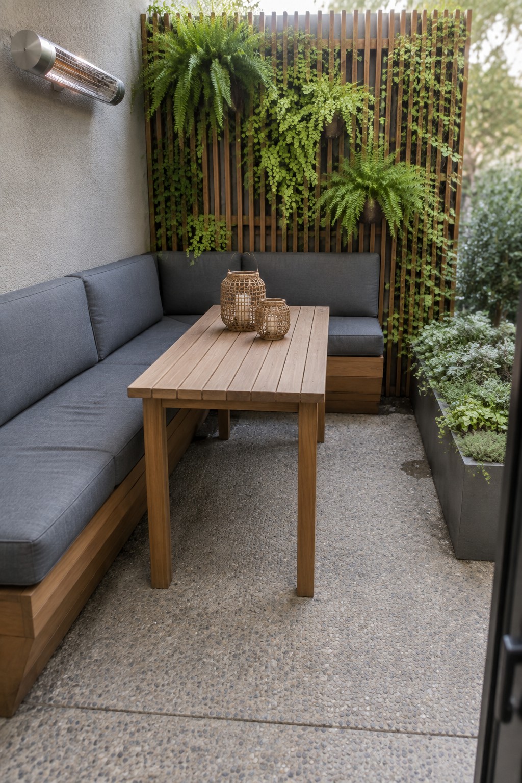 A small concrete patio with L-shaped built-in wooden bench seating topped with gray cushions, a rectangular wooden table holding two woven lanterns, an outdoor wall heater, and a tall vertical garden screen with ferns and trailing plants.