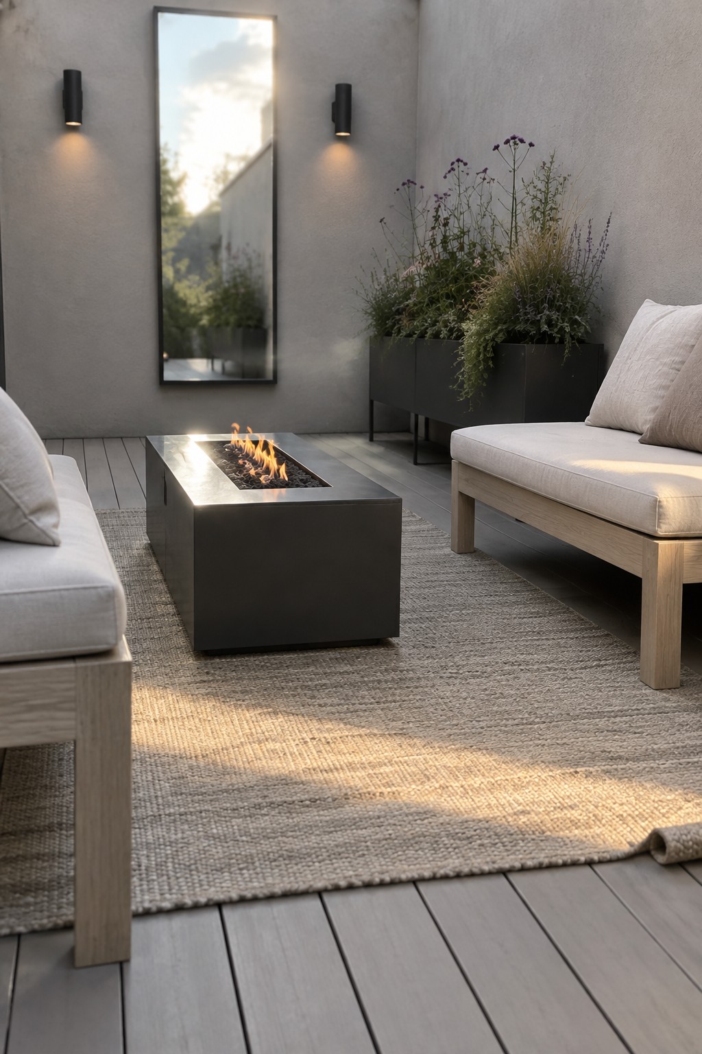 A modern outdoor patio with a rectangular dark metal fire pit on a woven rug, flanked by two light wood sofas with beige cushions, a tall mirror on the wall, and large planters with greenery.