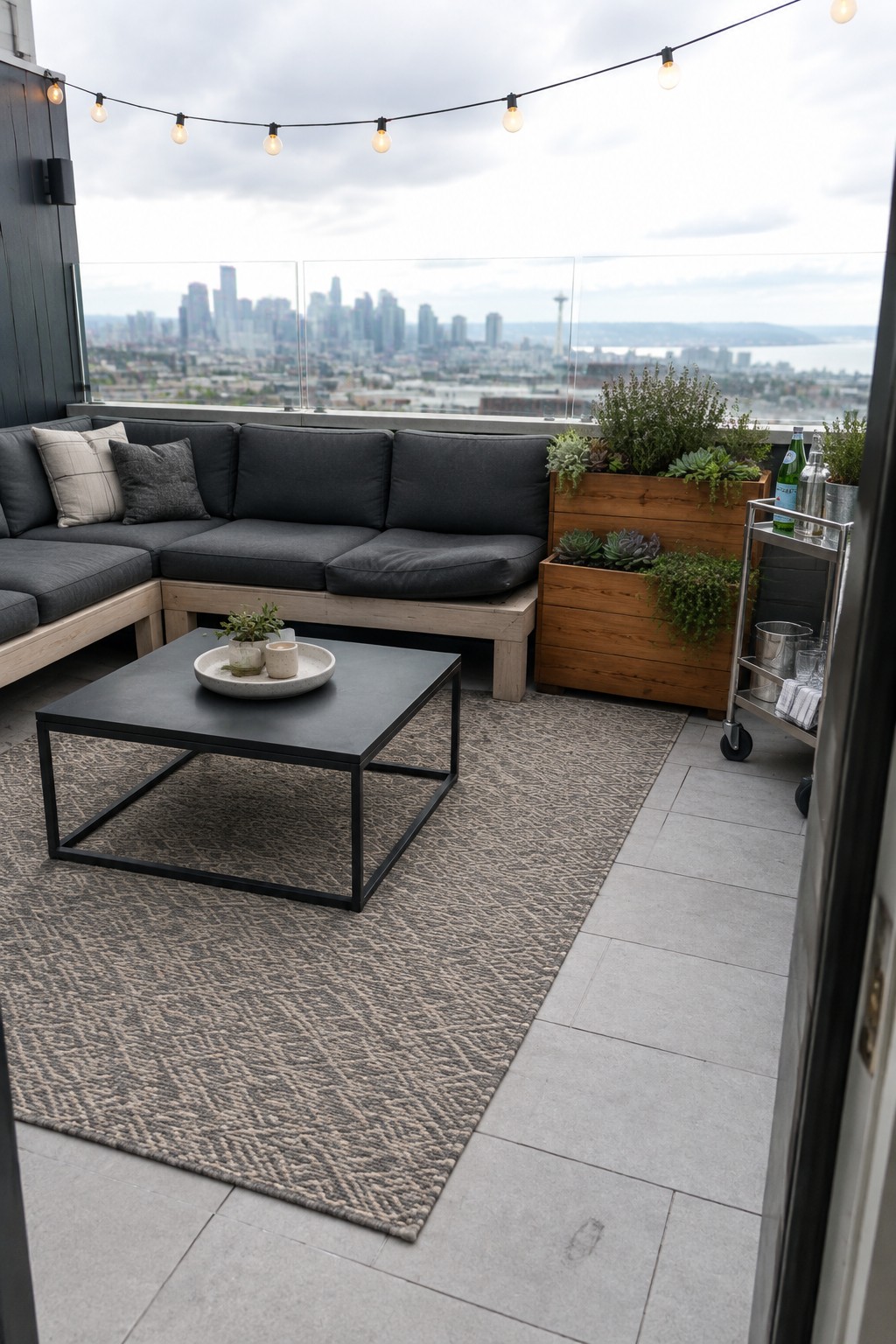 Rooftop patio with dark sectional sofa, black coffee table on a large patterned rug, wooden planters, and string lights overlooking a city skyline.