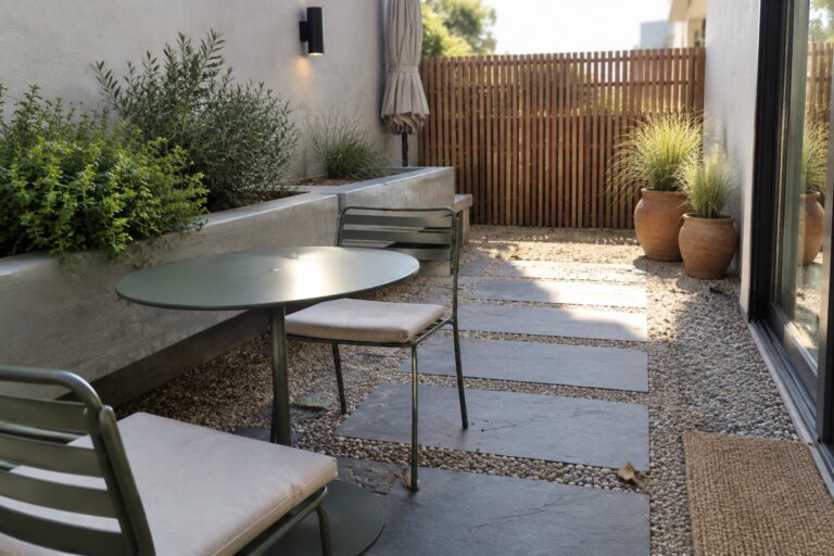 22 Modern Small Patio Ideas for Clean, Uncluttered Outdoor Living A small outdoor patio features a long concrete bench built against a raised planter, a round green table with two chairs on gravel, a path of dark stepping stones, two terracotta pots with grasses, and a wooden fence in the background.